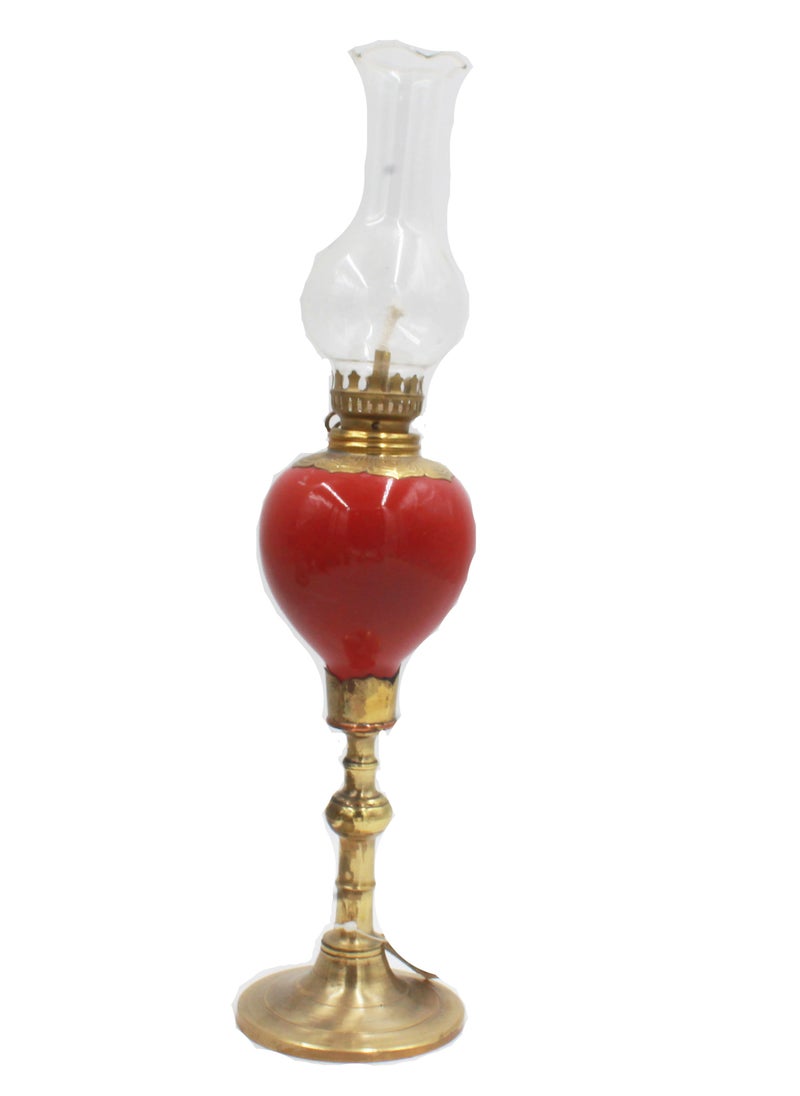 Antique Museum Vietnam Handmade Porcelain Kerosene Lamp Brass Work Mix 26 cm 