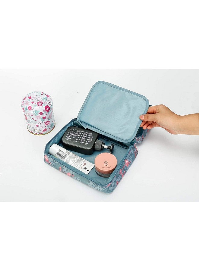 SKYFUN (LABEL) Nylon Foldable Makeup Cosmetic Toiletry Storage Purpose Travelling Accessories Bag Kit with Mini Pouch for Men Women-Blue Flamingo Design - Image 5