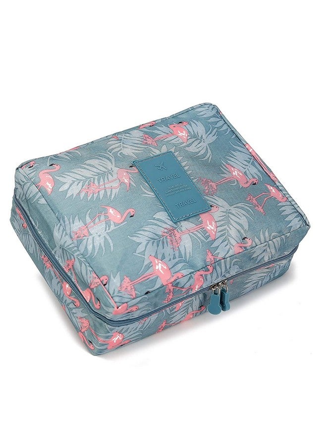 SKYFUN (LABEL) Nylon Foldable Makeup Cosmetic Toiletry Storage Purpose Travelling Accessories Bag Kit with Mini Pouch for Men Women-Blue Flamingo Design - Image 1