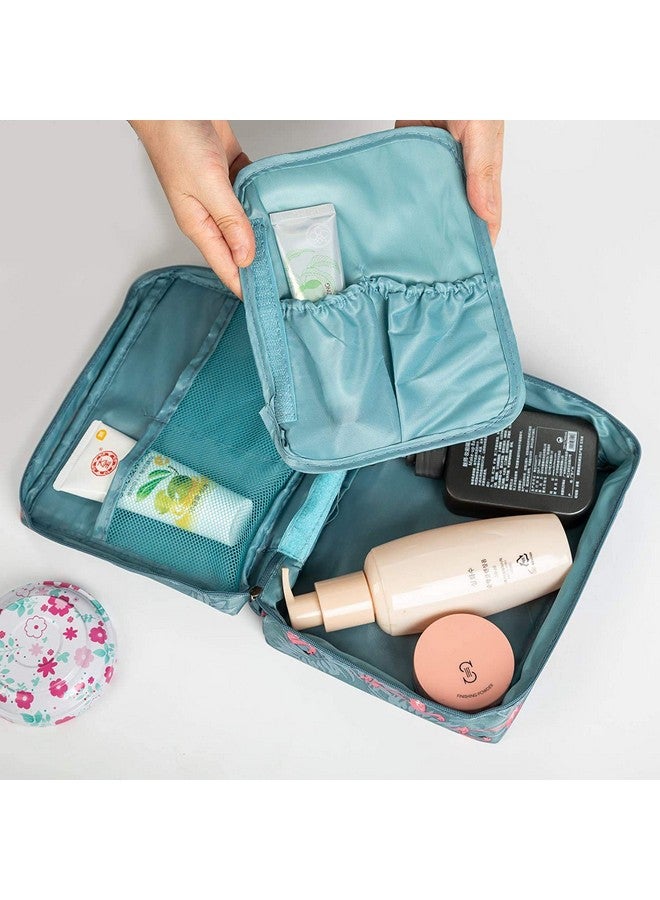 SKYFUN (LABEL) Nylon Foldable Makeup Cosmetic Toiletry Storage Purpose Travelling Accessories Bag Kit with Mini Pouch for Men Women-Blue Flamingo Design - Image 4