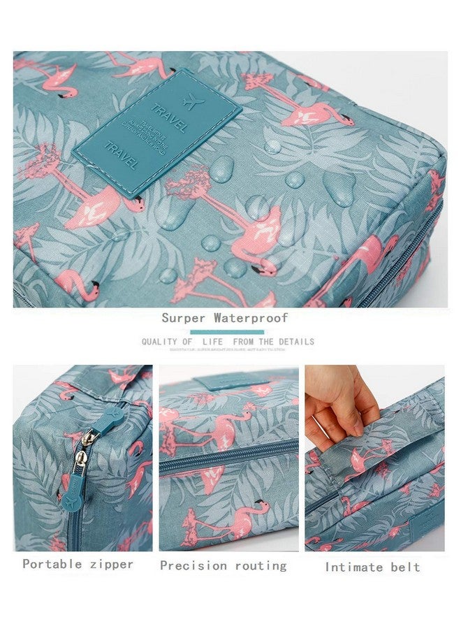 SKYFUN (LABEL) Nylon Foldable Makeup Cosmetic Toiletry Storage Purpose Travelling Accessories Bag Kit with Mini Pouch for Men Women-Blue Flamingo Design - Image 3