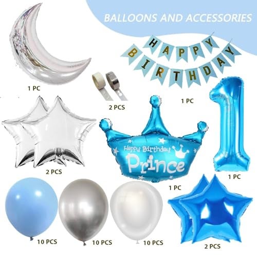 Pop The Party 1st Birthday Prince Theme Decoration Kit - 40 Pcs For Kids, Happy Birthday Party Crown Foil Balloon Combo - Image 2