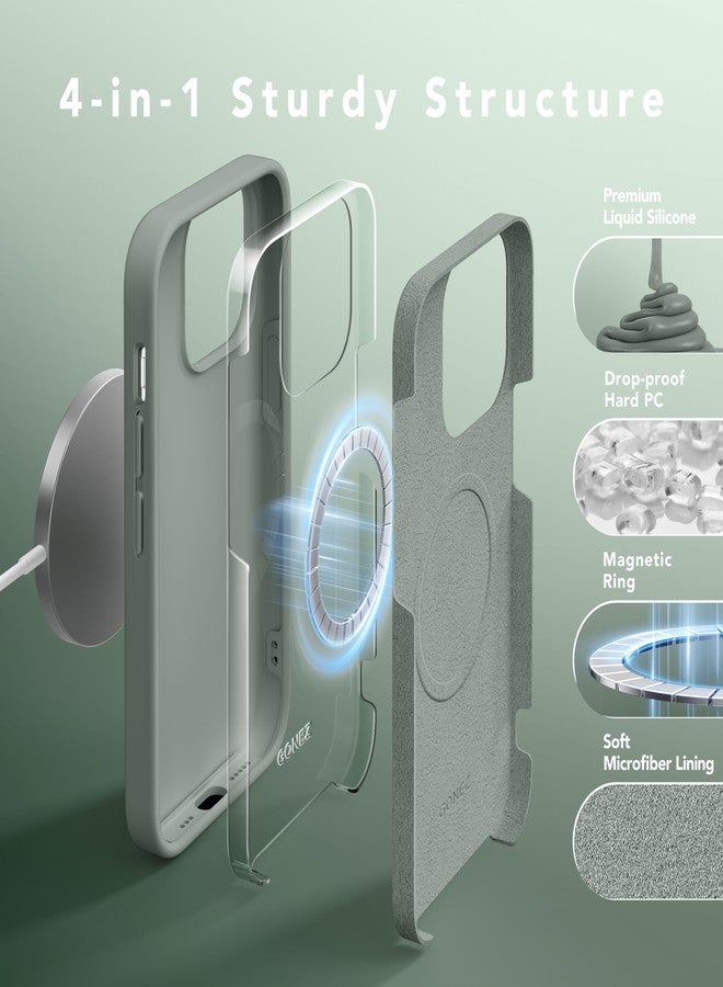 غونيز جراب GONEZ لهاتف iPhone 14 Pro، متوافق مع MagSafe، مع واقي شاشة + واقي عدسة الكاميرا، بطانة ناعمة من الألياف الدقيقة مقاومة للخدش، غطاء هاتف من السيليكون السائل المقاوم للصدمات، لون أخضر كالكي - Image 3