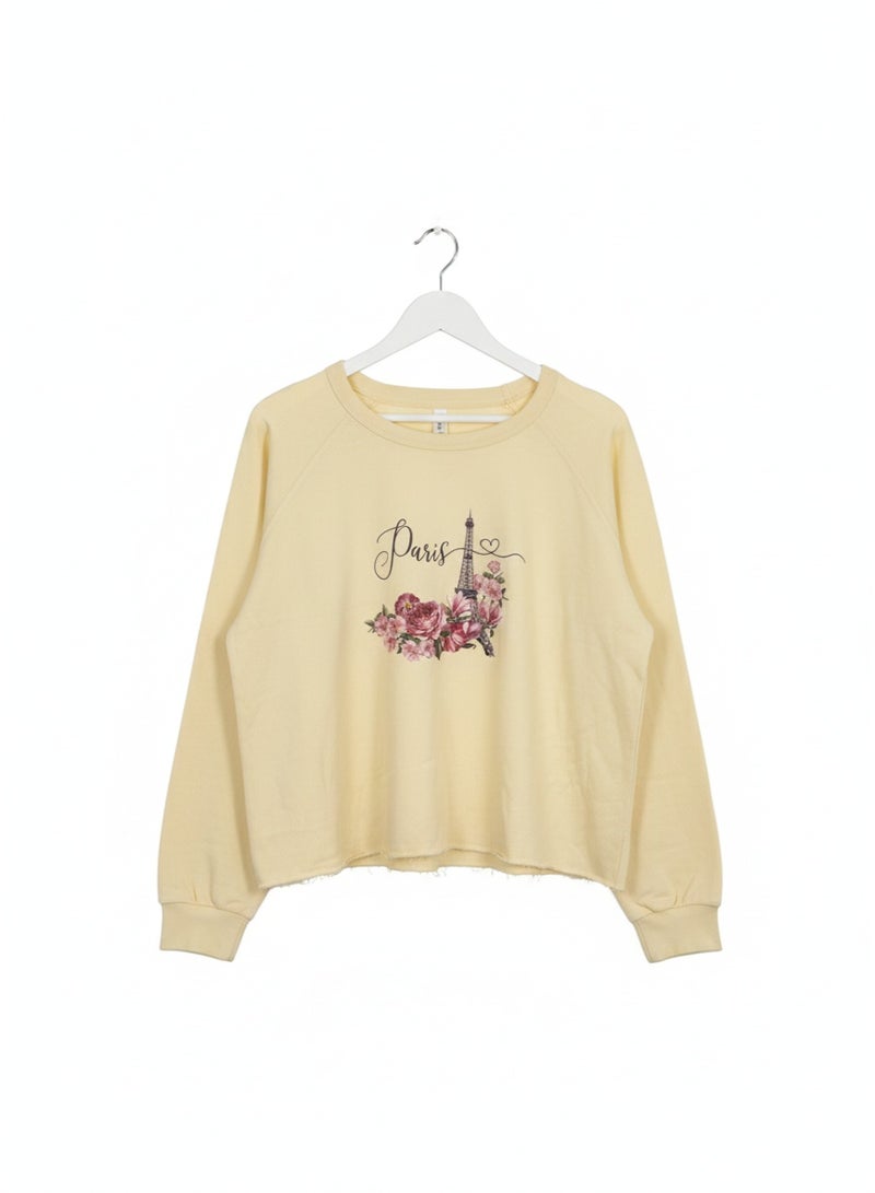 U.S Apparel Women’s Graphic Cropped Sweatshirt – Soft Cotton Blend Paris Print in Light Yellow - Image 2