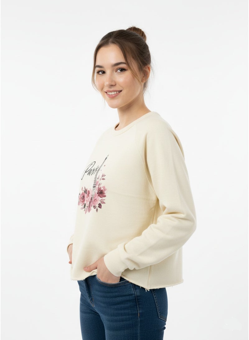 U.S Apparel Women’s Graphic Cropped Sweatshirt – Soft Cotton Blend Paris Print in Light Yellow - Image 3