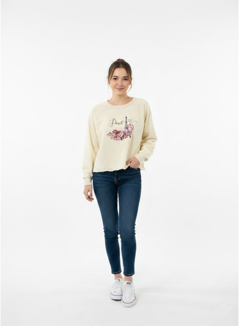 U.S Apparel Women’s Graphic Cropped Sweatshirt – Soft Cotton Blend Paris Print in Light Yellow - Image 1