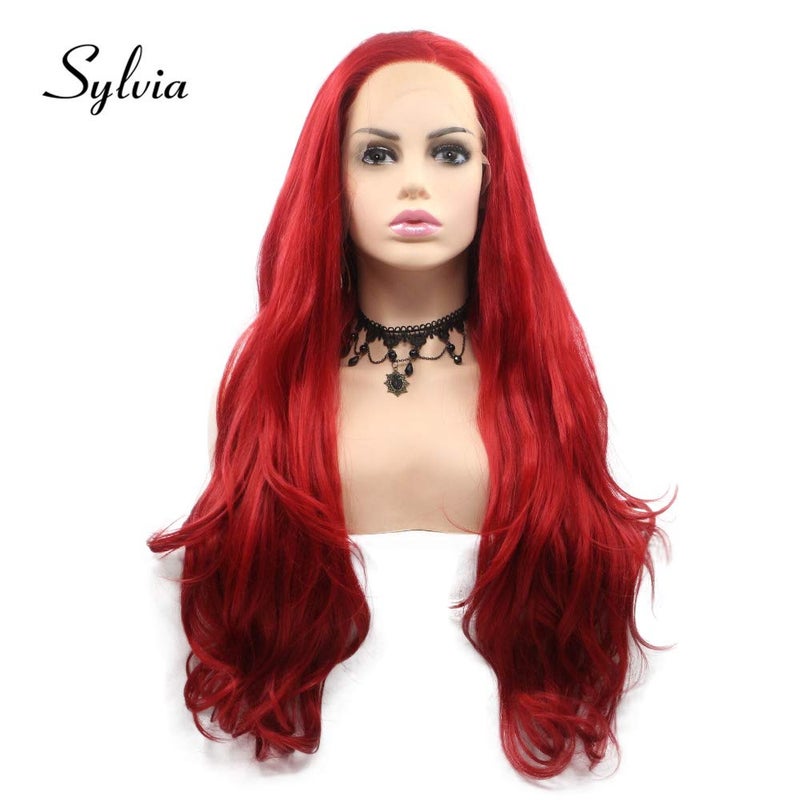 Sylvia Red Synthetic Lace Front Wave Wig Witch wig Free Parting Half Hand Tied Heat Resistant Fiber Replacement Hair for Woman