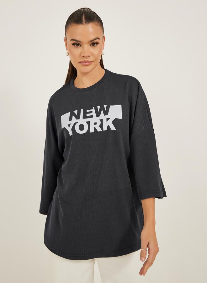 Styli New York Slogan Print Dropped Shoulders Oversized T-Shirt - Image 3