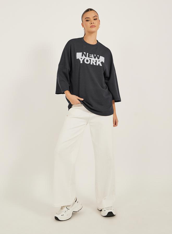 Styli New York Slogan Print Dropped Shoulders Oversized T-Shirt - Image 2