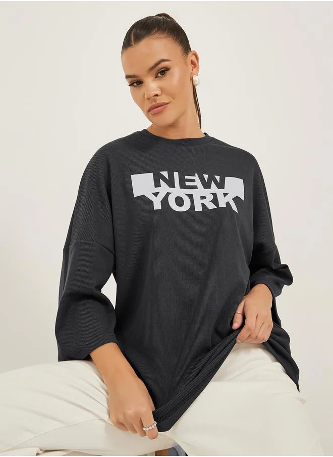 ستايلي New York Slogan Print Dropped Shoulders Oversized T-Shirt