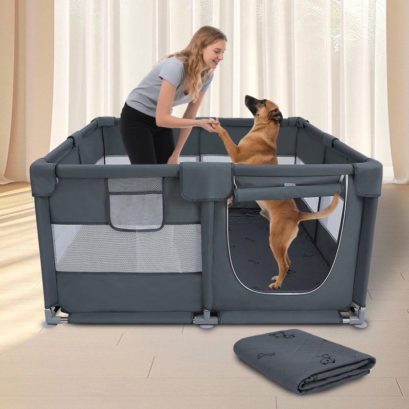 HOMIMP Dog Playpen Oxford Fabric Dog Fence with Washable Pee Pads,50 x 50 x 26 Inches,Steel Pipe,Breathable Mesh, Zipper Gate, Portable Indoor Outdoor Pet Fence Cage for Whelping,Dog Kennel Crate, Grey - Image 1