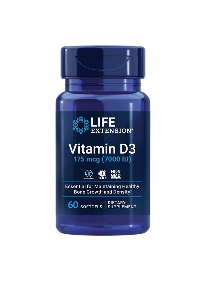 Life Extension Vitamin D3 175 mcg (7000 IU), immune system support, bone health, brain performance, gluten-free, non-GMO, once daily, two-month supply, 60 softgels - Image 1