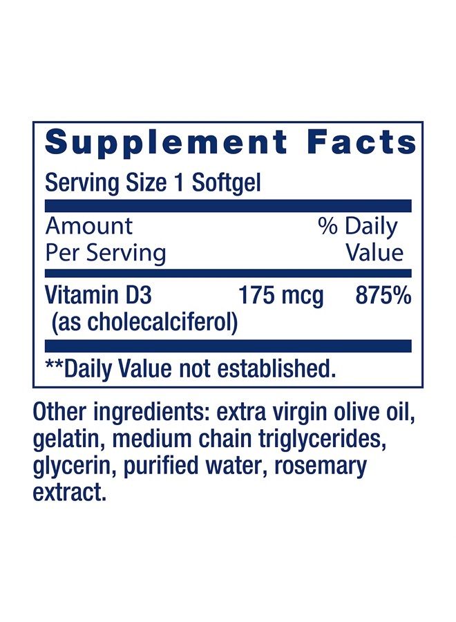 Life Extension Vitamin D3 175 mcg (7000 IU), immune system support, bone health, brain performance, gluten-free, non-GMO, once daily, two-month supply, 60 softgels - Image 3