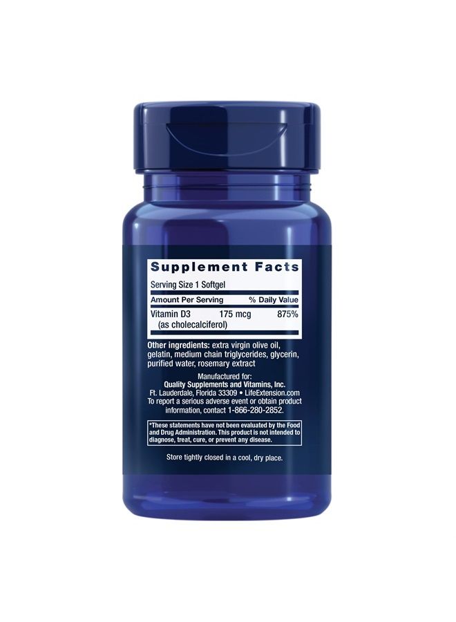 Life Extension Vitamin D3 175 mcg (7000 IU), immune system support, bone health, brain performance, gluten-free, non-GMO, once daily, two-month supply, 60 softgels - Image 2