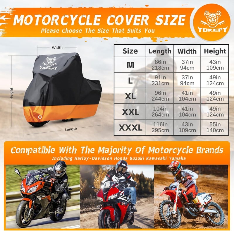 Tokept Motorcycle Cover, All-Season Waterproof Outdoor Sun Protection Fit up to 91 Inch Harley-Davidson Honda Suzuki Kawasaki Yamaha (L Black&Orange) - Image 2