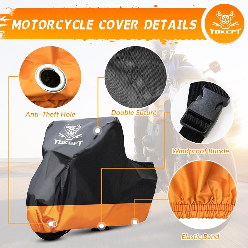 Tokept Motorcycle Cover, All-Season Waterproof Outdoor Sun Protection Fit up to 91 Inch Harley-Davidson Honda Suzuki Kawasaki Yamaha (L Black&Orange) - Image 3