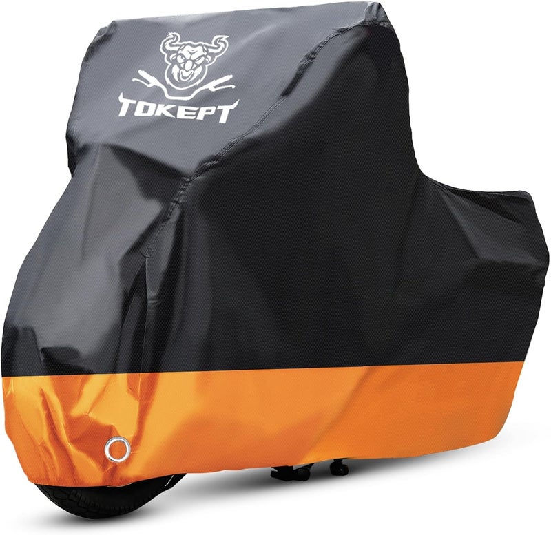 Tokept Motorcycle Cover, All-Season Waterproof Outdoor Sun Protection Fit up to 91 Inch Harley-Davidson Honda Suzuki Kawasaki Yamaha (L Black&Orange) - Image 1