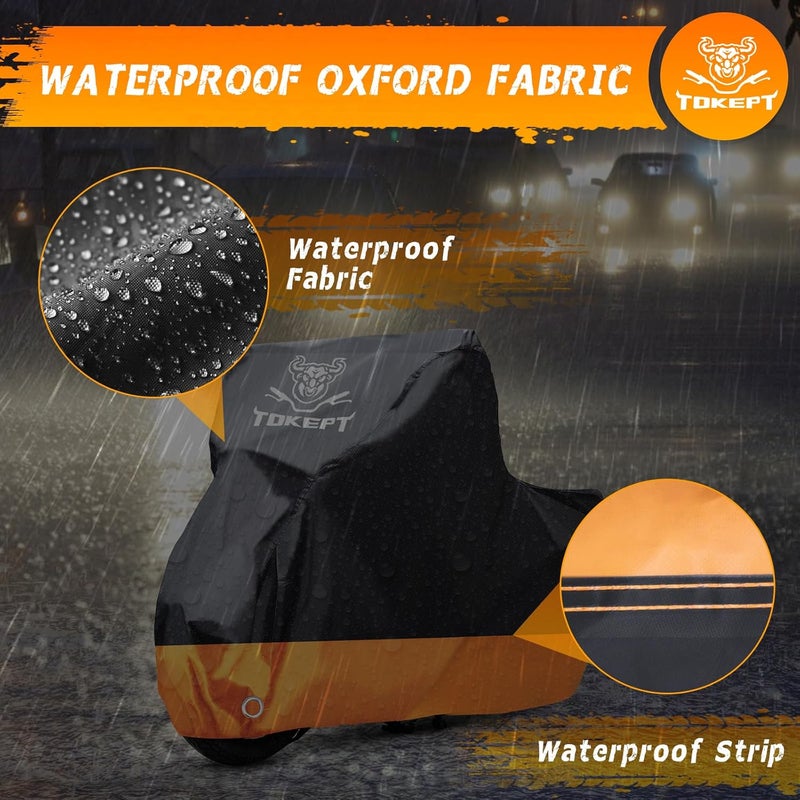 Tokept Motorcycle Cover, All-Season Waterproof Outdoor Sun Protection Fit up to 91 Inch Harley-Davidson Honda Suzuki Kawasaki Yamaha (L Black&Orange) - Image 4
