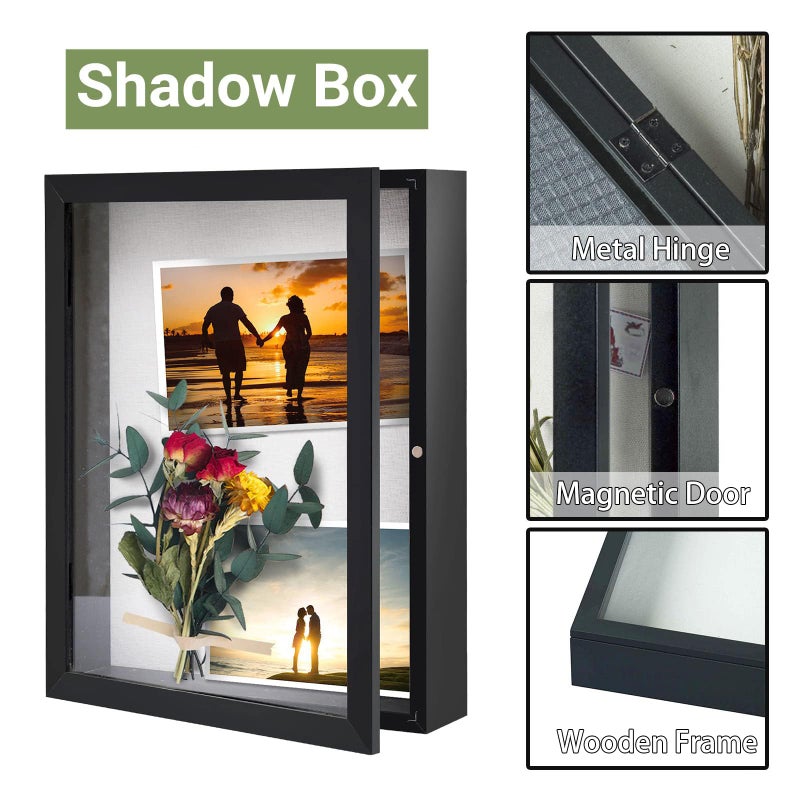 Muzilife 11x14 Shadow Box Picture Frame - 2.16" Interior Deep Wood & Glass Display Case Ready to Hang Memory Box Baby Sports Memorabilia, Pins, Awards, Tickets, and Photos (Black) - Image 3