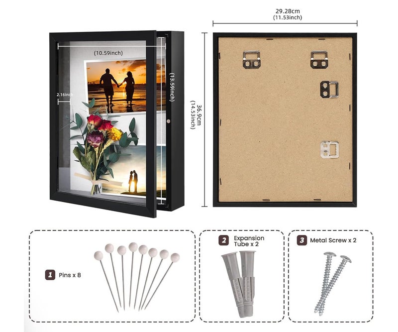 Muzilife 11x14 Shadow Box Picture Frame - 2.16" Interior Deep Wood & Glass Display Case Ready to Hang Memory Box Baby Sports Memorabilia, Pins, Awards, Tickets, and Photos (Black) - Image 2