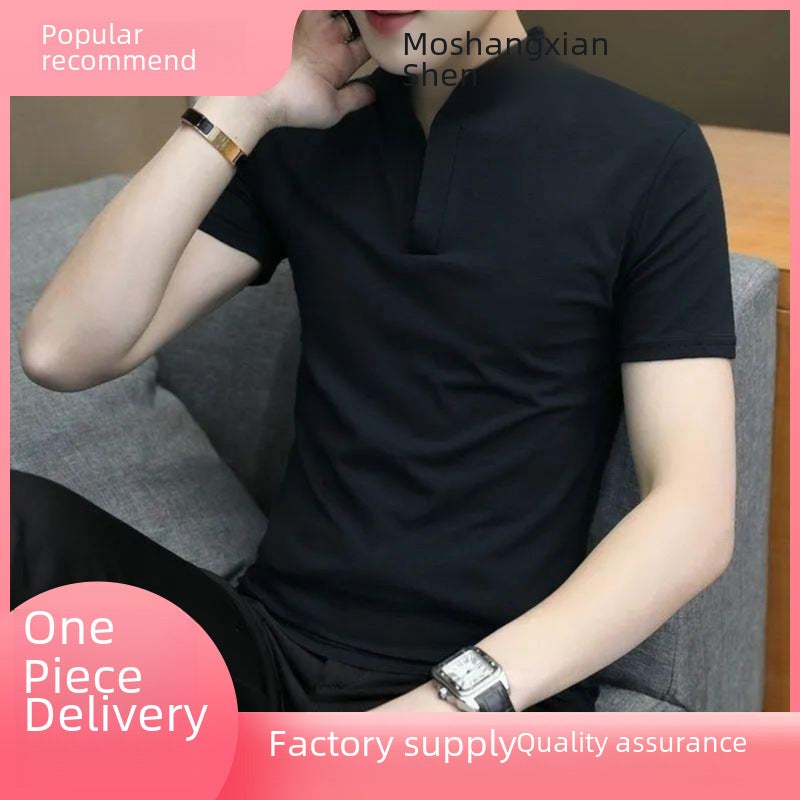 Short Shaft Mens Short Sleeve T-Shirt V-Neck Summer Body Blood Shirt Black - Image 2