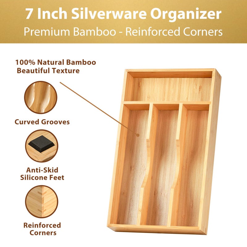 Umilife Bamboo Kitchen Drawer Organizer, 7 Inch Silverware Utensils Tray Holder for Small Drawer, Wood Caddy for Flatware Cutlery Knives - Image 2