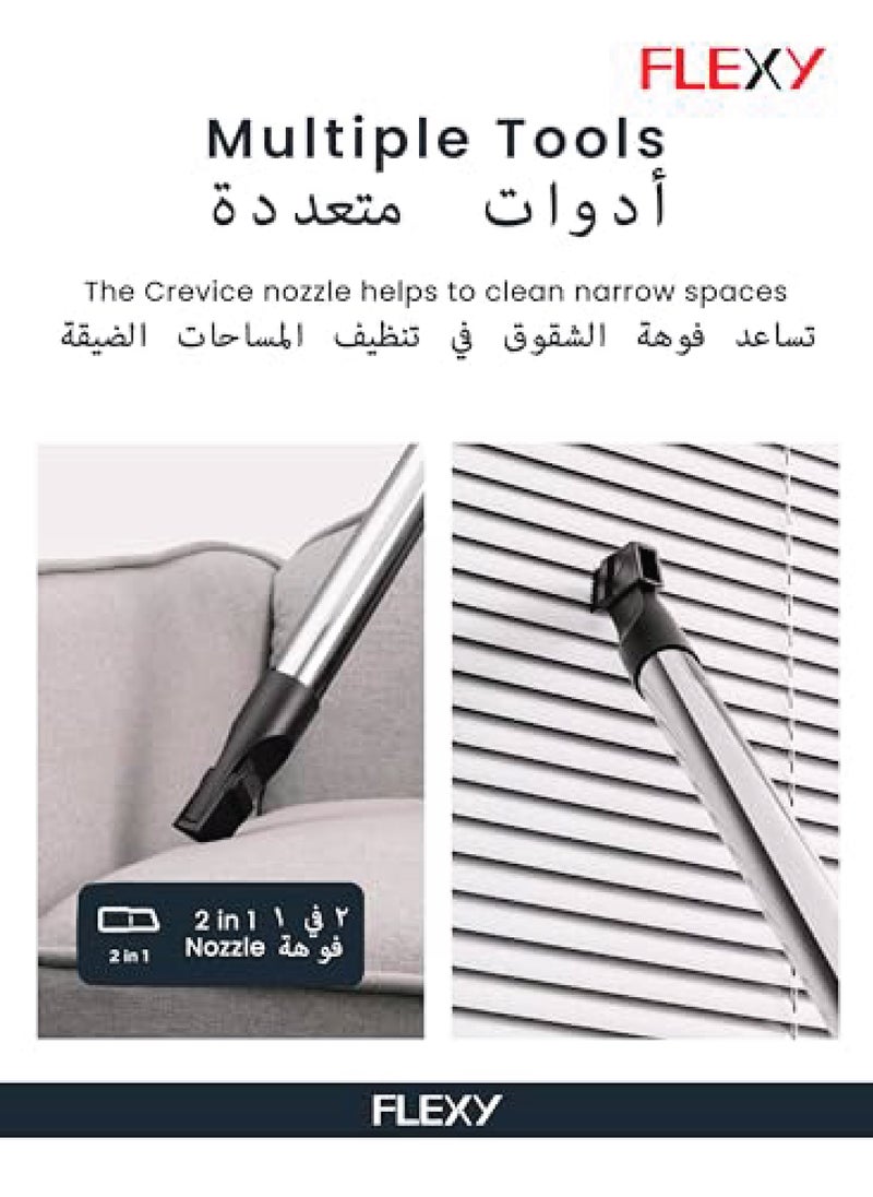 فليكسي مكنسة كهربائية FLEXY - عجلات دوارة 360 درجة، نظام ترشيح متعدد، مؤشر كامل للغبار، وظيفة نفخ الرياح، خزان حديد، 21 لتر،1800 وات كحد أقصى، ضوضاء منخفضة، الكفيل عامين.  - Image 5