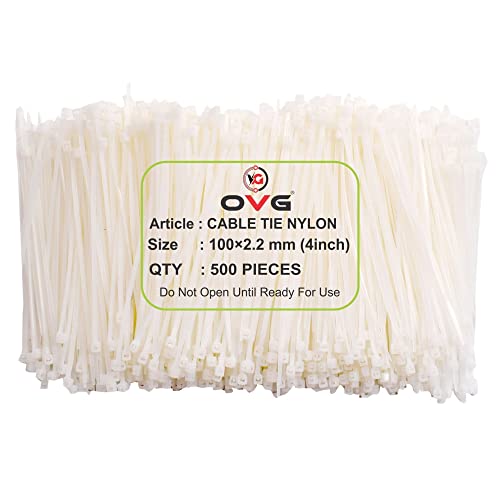OVG Nylon Self Locking Cable Ties, White (100 mm × 2.2 mm, 4 Inch, Pack of 500 Pcs) Heavy Duty Strong Zip Ties Teeth Grip Fastener Organizer Tie - Image 1