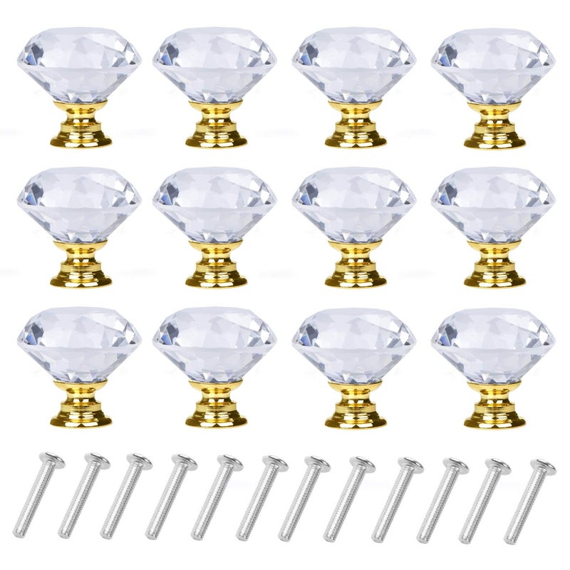 YourGift 12 Pack Drawer Knobs Diamond Shaped Crystal Glass 30mm Cabinet Knobs Pull Handles (Gold) - Image 1