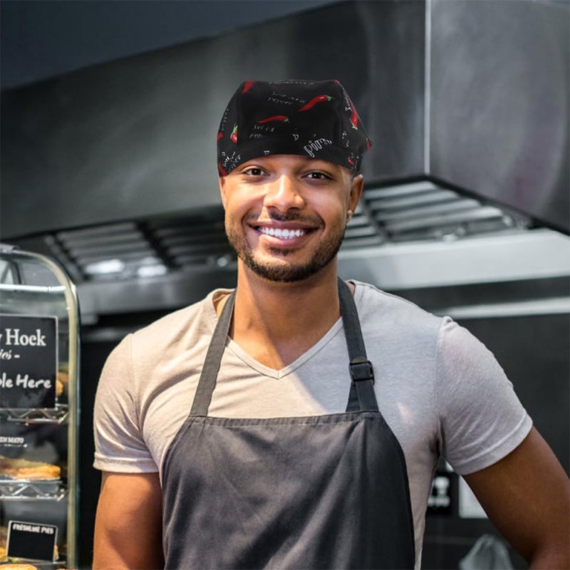 Adjustable Black Chef Hat for Women and Men, Elastic Kitchen Cooking Cap Pepper Pattern, Food Service Uniform Hat for Bakers and Cooks - Image 5