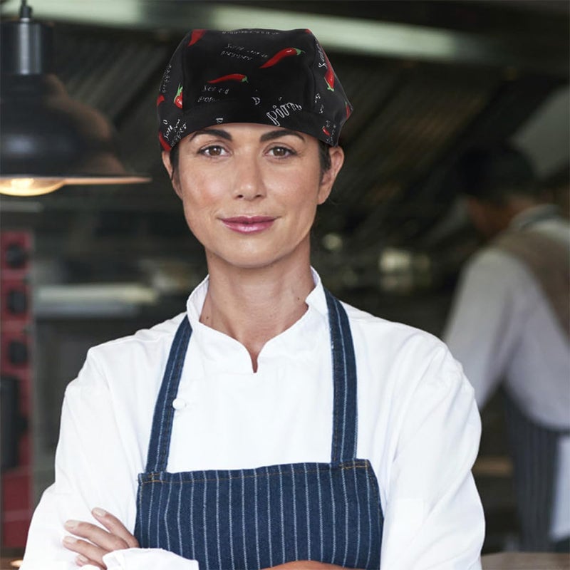 Adjustable Black Chef Hat for Women and Men, Elastic Kitchen Cooking Cap Pepper Pattern, Food Service Uniform Hat for Bakers and Cooks - Image 4