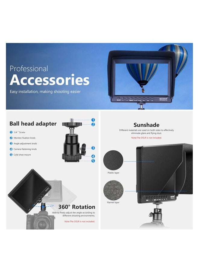 Neewer F100 7inch Camera Field Monitor HD Video Assist IPS 1280x800 HDMI Input 1080p with Sunshade and Ball Head for DSLR Cameras, Handheld Stabilizer, Film Video Making Rig (Battery Not Included) - Image 5