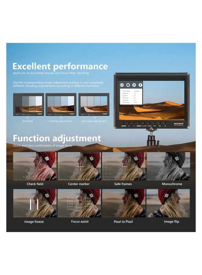 Neewer F100 7inch Camera Field Monitor HD Video Assist IPS 1280x800 HDMI Input 1080p with Sunshade and Ball Head for DSLR Cameras, Handheld Stabilizer, Film Video Making Rig (Battery Not Included) - Image 4