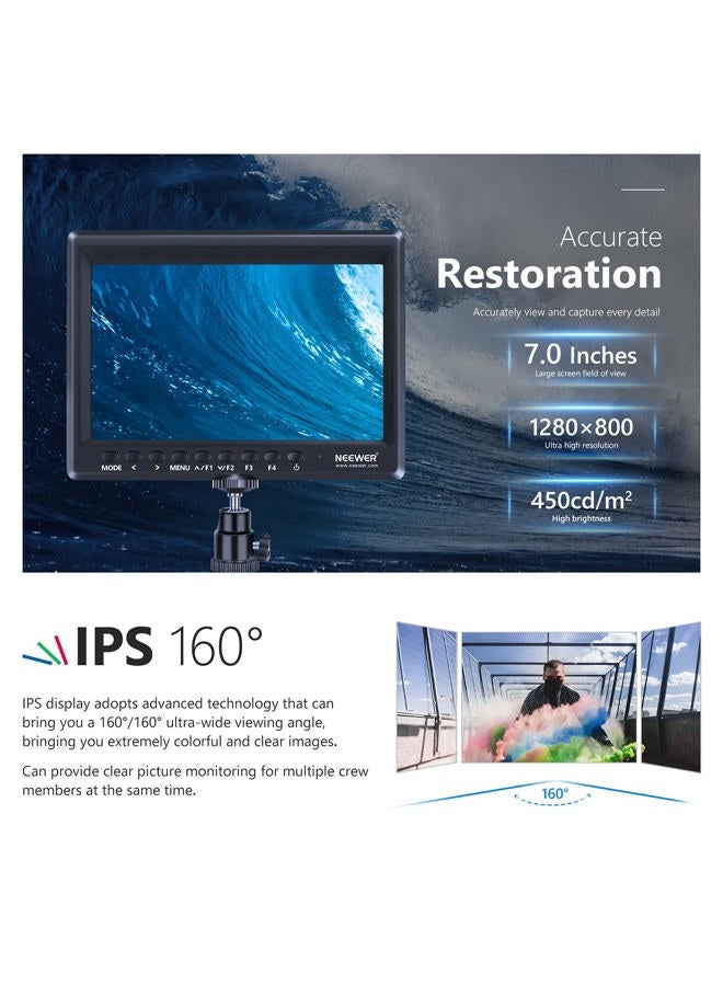 Neewer F100 7inch Camera Field Monitor HD Video Assist IPS 1280x800 HDMI Input 1080p with Sunshade and Ball Head for DSLR Cameras, Handheld Stabilizer, Film Video Making Rig (Battery Not Included) - Image 3