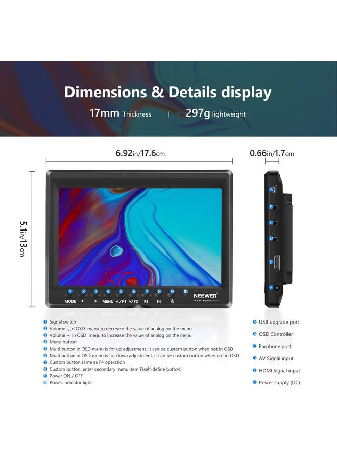 Neewer F100 7inch Camera Field Monitor HD Video Assist IPS 1280x800 HDMI Input 1080p with Sunshade and Ball Head for DSLR Cameras, Handheld Stabilizer, Film Video Making Rig (Battery Not Included) - Image 2