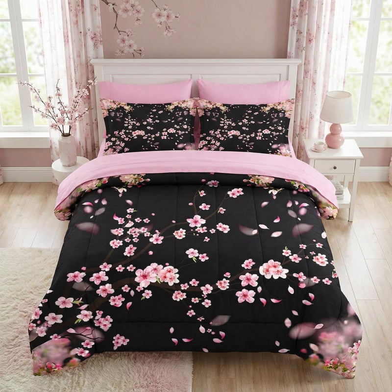 WeCozy 7 Pcs Queen Size Comforter Set with 2 Pillowcases & 2 Shams, Tree Flower Floral Bedding for Kids and Adults, Pink Cherry Blossom Bed in a Bag with Flat Fitted Sheet - Image 1