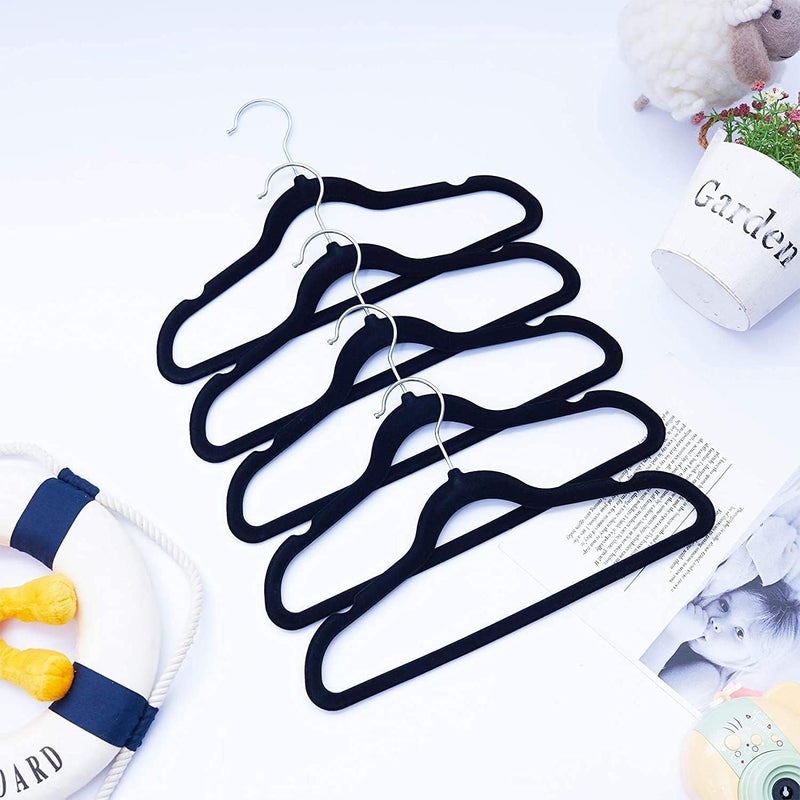 ManGotree 10 Pack (28cm) Baby Velvet Hangers, Infant and Toddler Hangers, No-Slip Children Hangers, Ultra-Slim Space Saving Kids Hangers, Sturdy &urable Clothes Hangers. (Black) - Image 5