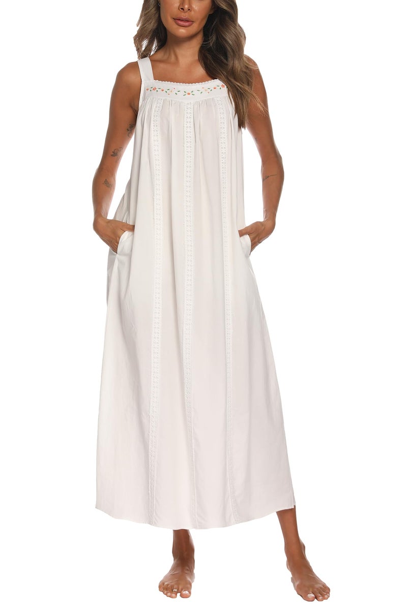 YOZLY Cotton Nightgowns for Women Embroidery Sleeveless Night Gown with Pockets, White, X-Large - Image 1
