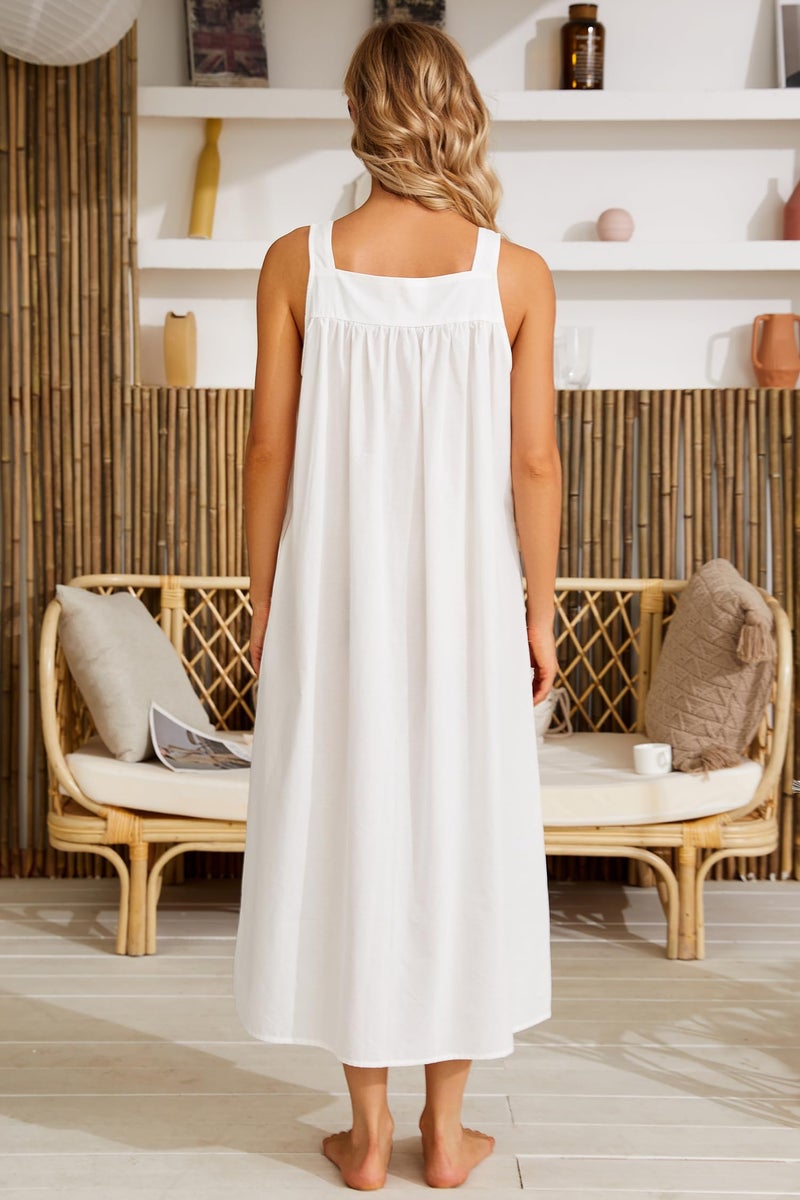 YOZLY Cotton Nightgowns for Women Embroidery Sleeveless Night Gown with Pockets, White, X-Large - Image 5
