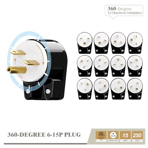 acbroad USA 3-Prong Male AC Plug, Right Angle ETL Nema 6-15P 3 Pole DIY Rewirable, 15A 250V USA 3Pin AC Connector, 12 Direction Rotatable Plug - Image 4