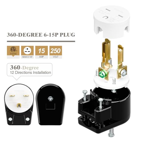acbroad USA 3-Prong Male AC Plug, Right Angle ETL Nema 6-15P 3 Pole DIY Rewirable, 15A 250V USA 3Pin AC Connector, 12 Direction Rotatable Plug - Image 5