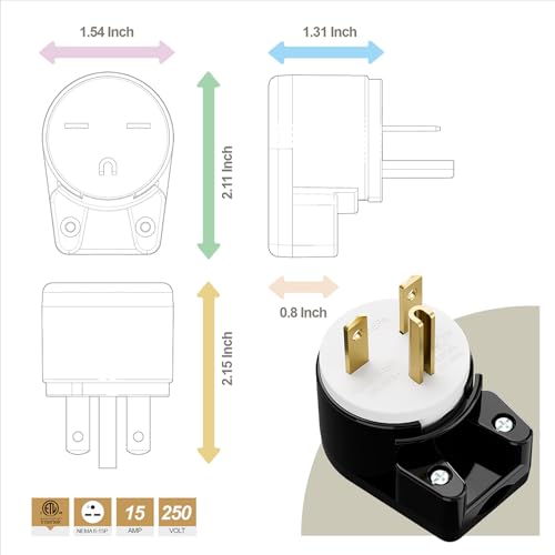 acbroad USA 3-Prong Male AC Plug, Right Angle ETL Nema 6-15P 3 Pole DIY Rewirable, 15A 250V USA 3Pin AC Connector, 12 Direction Rotatable Plug - Image 3