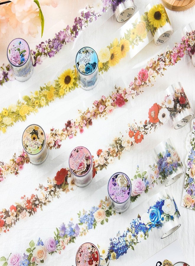 DAPUTOU 6 Rolls PET Washi Tape 50mm Wide Flowers Transparent Ephemera Light Decorative Aesthetic Floral Stickers Set for Junk Journaling, Scrapbook Supplies, Crafting, DIY Projects - Image 1