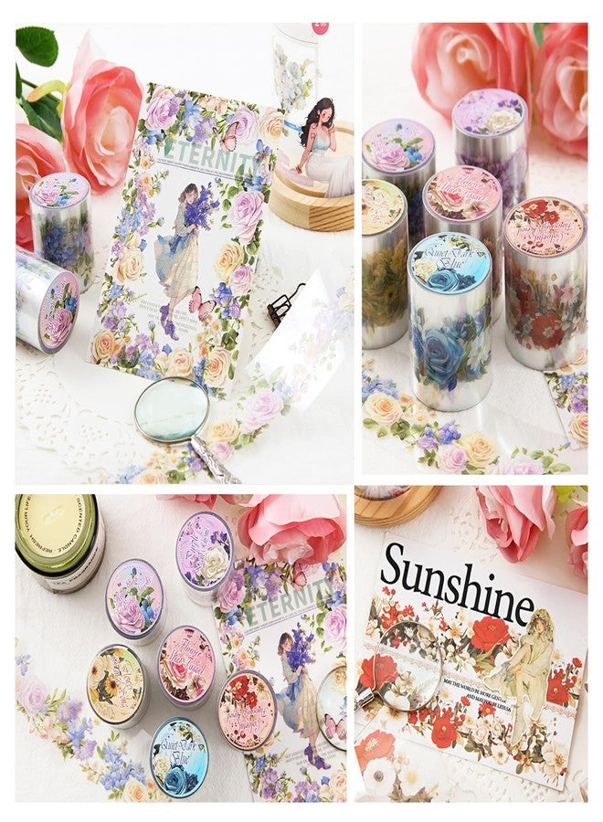 DAPUTOU 6 Rolls PET Washi Tape 50mm Wide Flowers Transparent Ephemera Light Decorative Aesthetic Floral Stickers Set for Junk Journaling, Scrapbook Supplies, Crafting, DIY Projects - Image 2