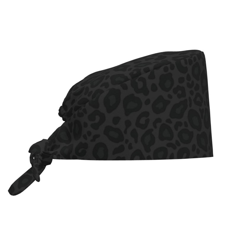 KIKICHUA Black Leopard Cheetah Print Animal Skin Print Working Cap Scrub Cap with Sweatband Adjustable Unisex Women Tie Back Hat Nurse Surgical Caps - Image 1