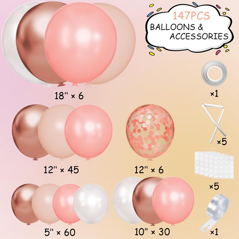 MEBAY 147PCS Rose Gold Balloon Garland Arch Kit, Pearl Rose Gold Metallic White Nude Balloons with Confetti for Wedding Bridal Shower Princess Party Girl Birthday Baby Shower Decorations - Image 2