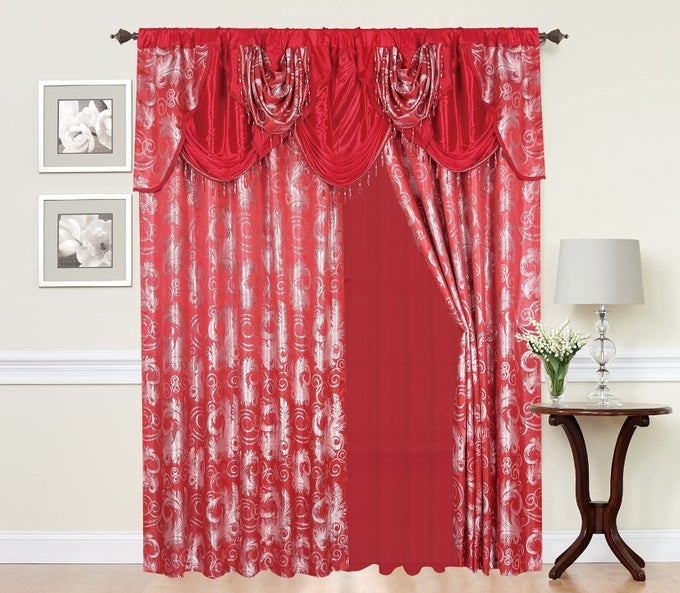 JACQUARD LUXURY WINDOW PANEL SETRED SILVER CURTAIN WITH ATTACHED VALANCE AND BACKING BEDROOM LIVING ROOM DINING 110X84 INCHES EACH JANA