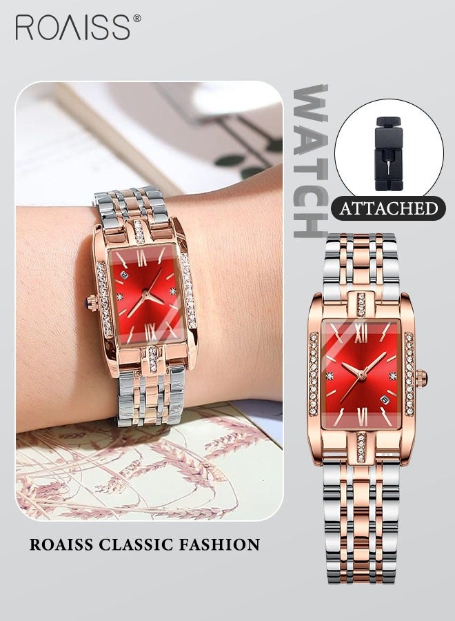 roaiss Steel Strap Quartz Watches for Women Analog Display Rectangle Red Dial with Zirconia Diamond Decorated Bezel Waterproof Luxurious Wrist Watch as Gift for Ladies - Image 1