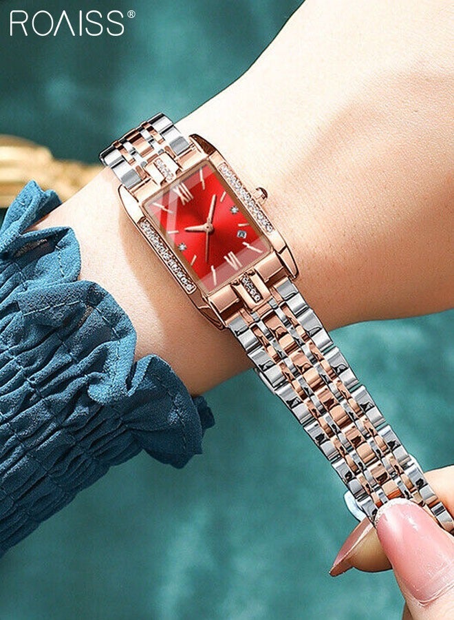 roaiss Steel Strap Quartz Watches for Women Analog Display Rectangle Red Dial with Zirconia Diamond Decorated Bezel Waterproof Luxurious Wrist Watch as Gift for Ladies - Image 2