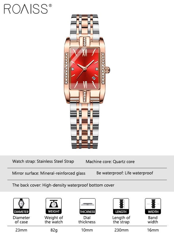 roaiss Steel Strap Quartz Watches for Women Analog Display Rectangle Red Dial with Zirconia Diamond Decorated Bezel Waterproof Luxurious Wrist Watch as Gift for Ladies - Image 3